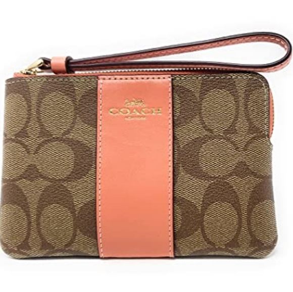 Coach Handbags - COACH Women's Corner Zip Wristlet in Signature Canvas (Light Coral)